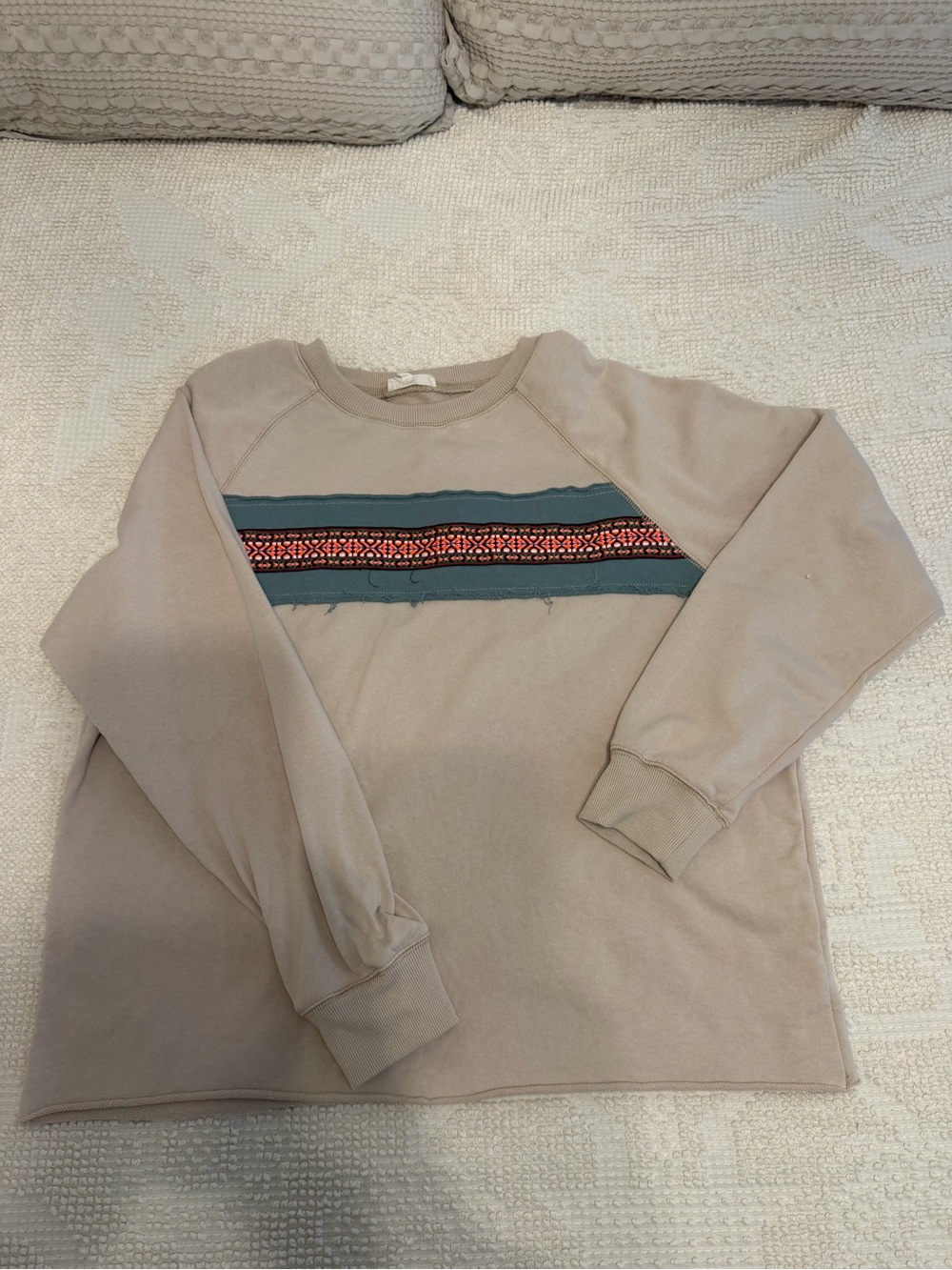 easel Beige Crewneck Sweatshirt with Teal and Red Chest Stripe